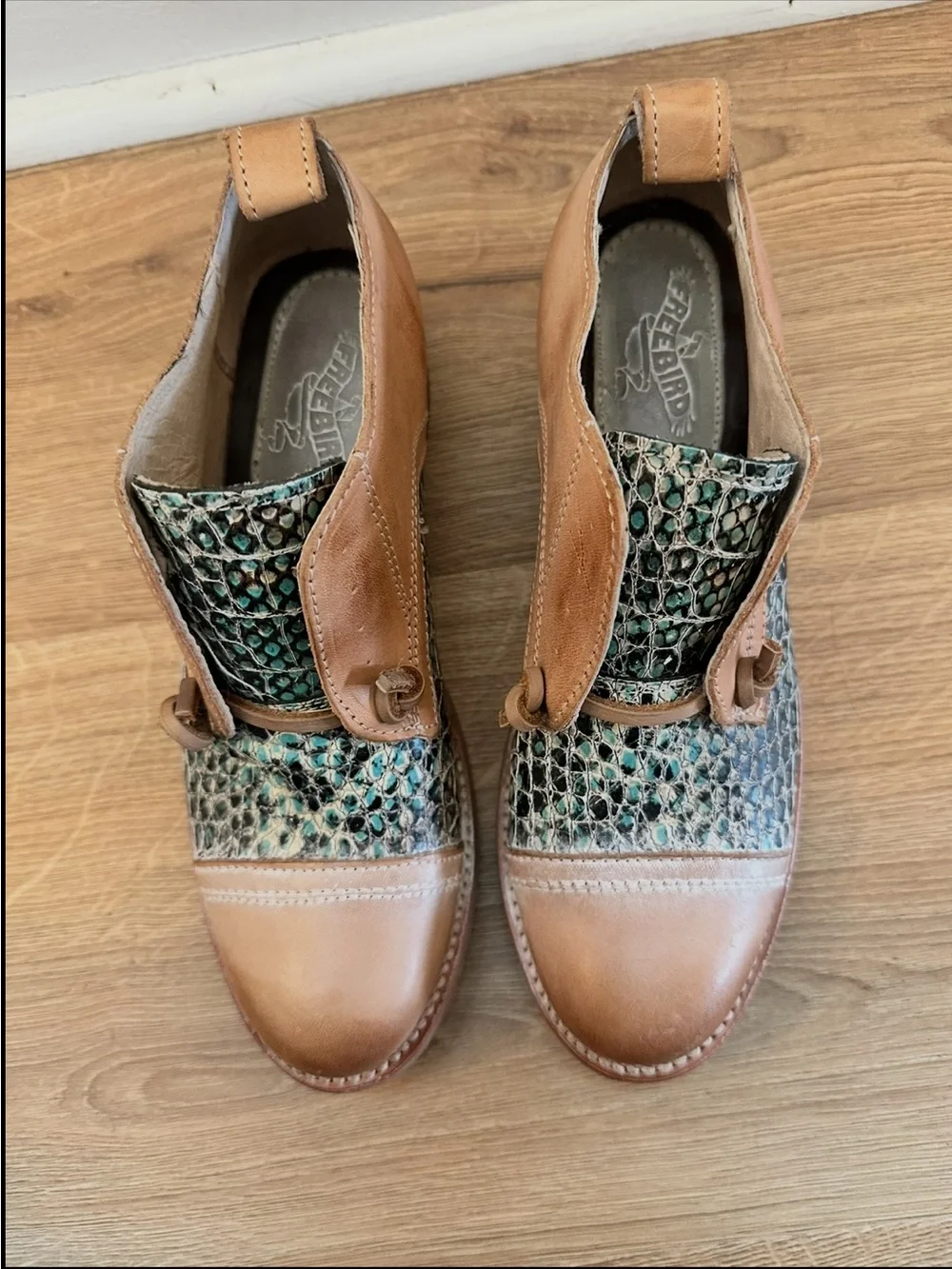 Freebird By Steven Women’s Mabel Tan Leather & Teal Snake-Pattern Casual Boots